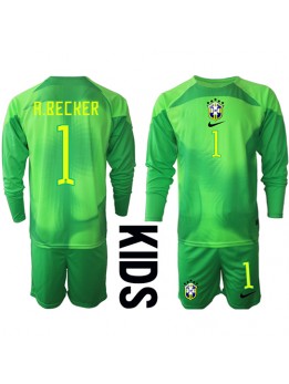 Otroški Nogometna dresi replika Brazilija Alisson Becker #1 Vratar Gostujoči SP 2022 Dolgi rokav (+ hlače)